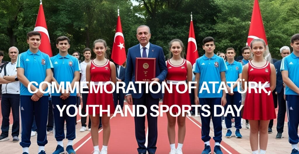 A group of young athletes and officials standing outdoors with Turkish flags in the background, celebrating the Commemoration of Atatürk, Youth and Sports Day.