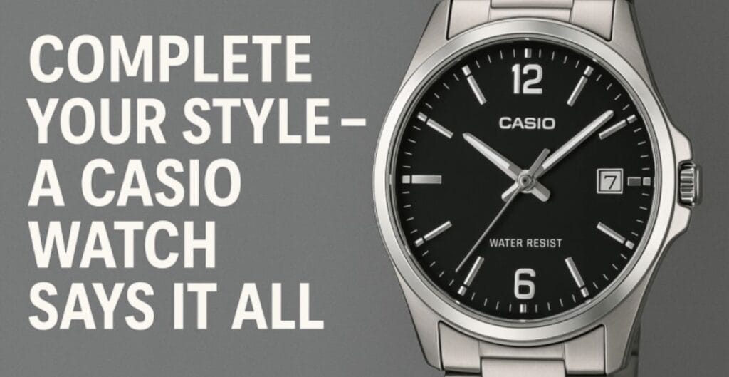 Casio wristwatch with a stainless steel band and black dial beside the slogan "Complete your style – a Casio watch says it all.