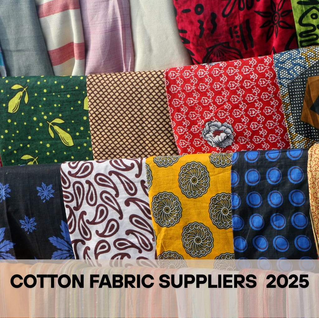 A colorful display of various patterned cotton fabrics hanging side by side, with a text overlay at the bottom reading "COTTON FABRIC SUPPLIERS 2025."