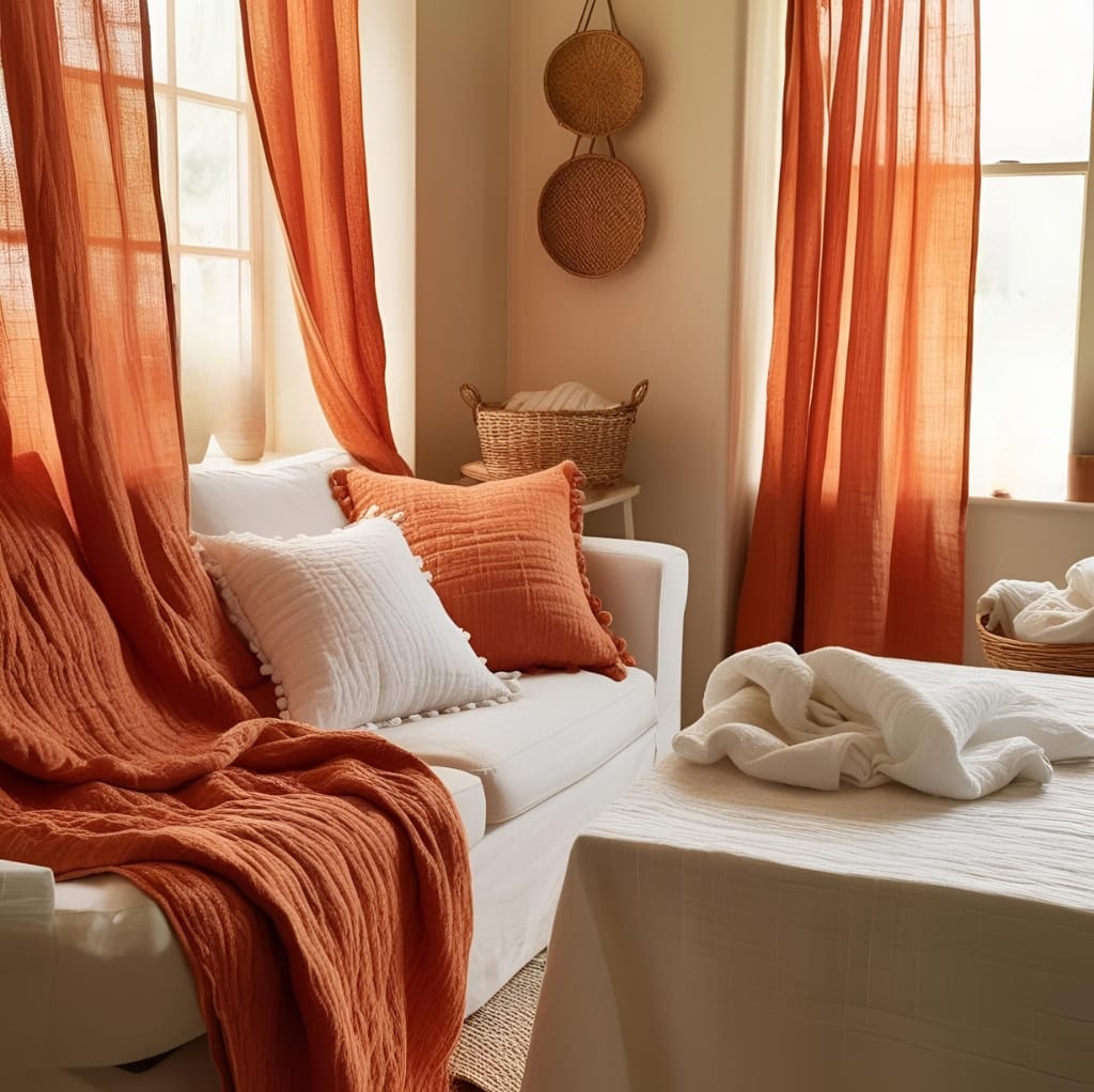 A cozy, sunlit bedroom corner featuring a white sofa draped with rust-colored and white pillows and throws, with sheer rust curtains and woven baskets for decor.