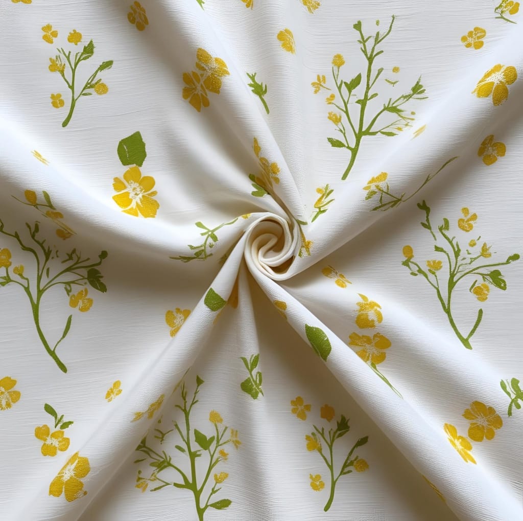 Close-up of white cotton fabric adorned with yellow and green floral patterns, gently twisted in a spiral. bulk white cotton fabric