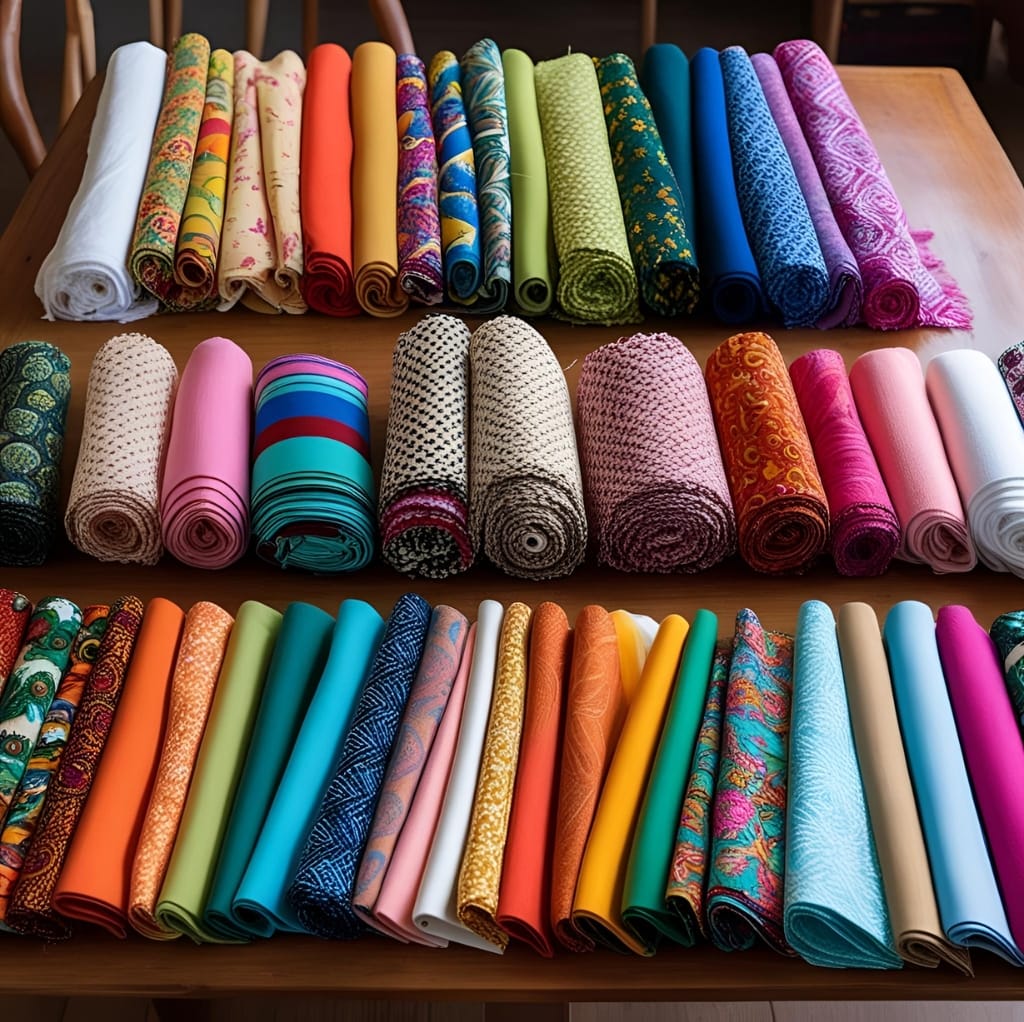 A colorful display of various folded cotton fabrics arranged in rows on a wooden table, showcasing different patterns, colors, and textures.