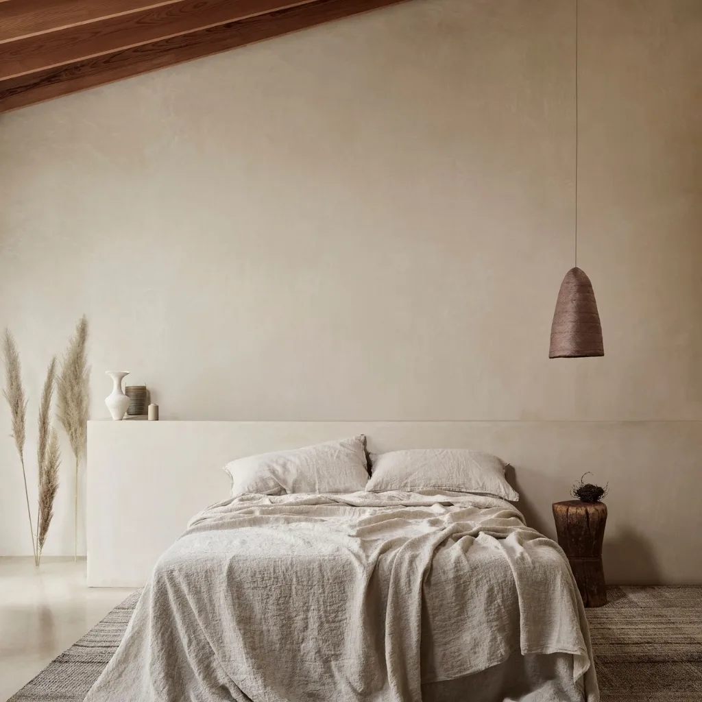 A minimalist bedroom featuring a bed with beige linen bedding, two pillows, and a simple, textured drape. To the left, three tall pampas grass stems are in a transparent vase, and on the right, there is a rustic wooden side table with decorative items. A hanging pendant light fixture is suspended above the bed, and the room has a sloped wooden ceiling with soft, neutral-colored walls and a striped rug on the floor.