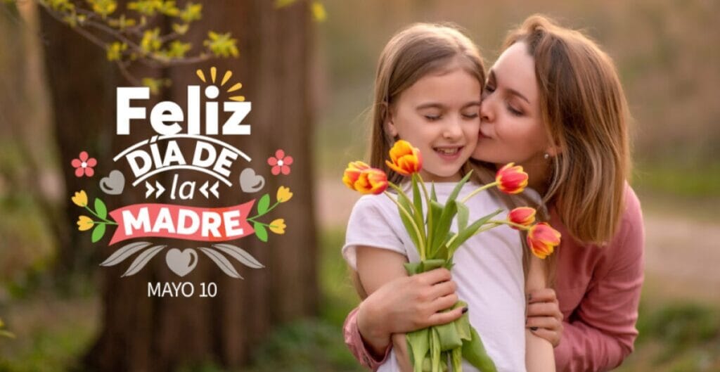 A mother hugging her daughter holding a bouquet of tulips in a park, with a message celebrating Mother's Day on May 10.