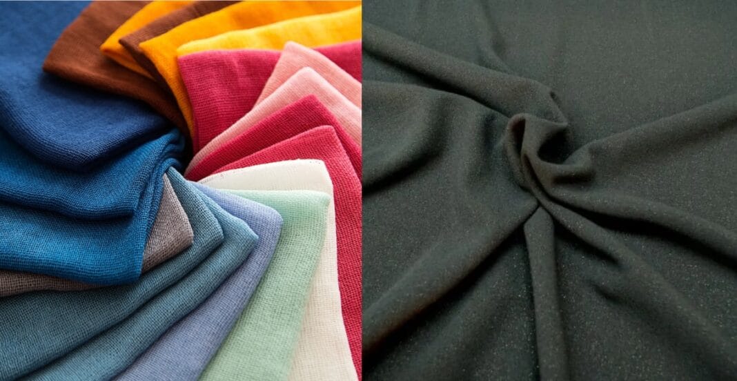 Colorful cotton polyester fabric swatches on the left and black polyester blend fabric twisted on the right.