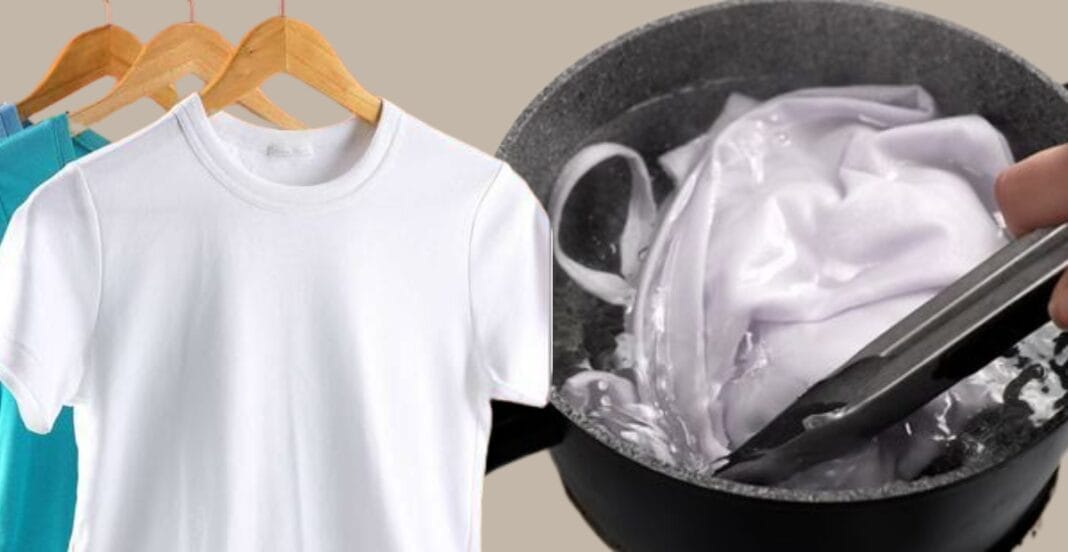 Cotton blend t-shirts hanging and cotton fabric being boiled in water to test for shrinkage.