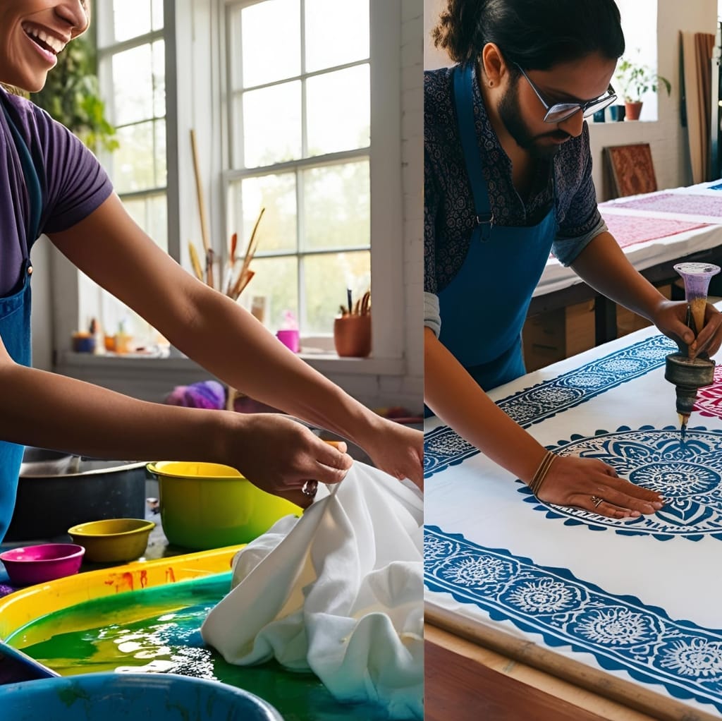 A split-image showing two women engaged in textile art; on the left, a woman is dyeing fabric in vibrant colors, and on the right, another woman is printing intricate blue designs onto a white cotton fabric.