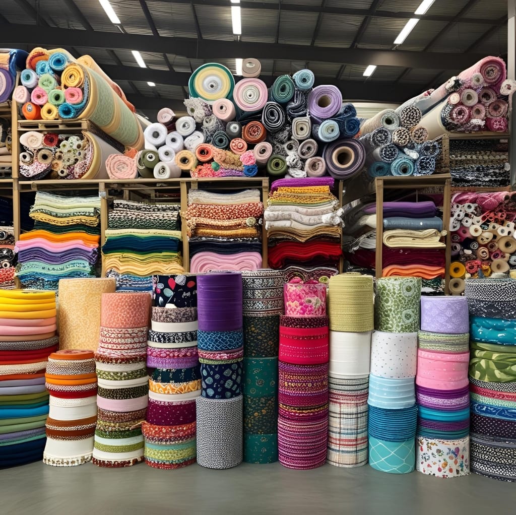 A large display of fabric rolls and bolts in various colors and patterns, neatly arranged on shelves and stands in a wholesale fabric store.