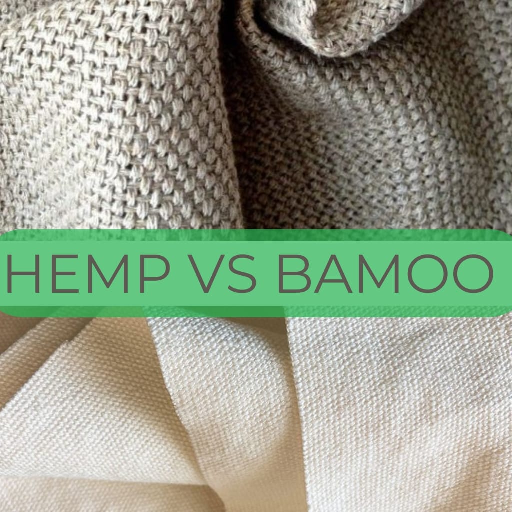 Close-up image showing textured woven fabrics, likely of hemp and bamboo materials, with the text "HEMP VS BAMBOO" overlaid in green.