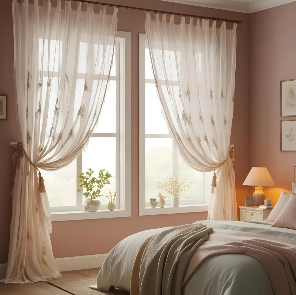Light, airy cotton voile curtains with delicate embroidery, gently flowing in a sunlit bedroom with blush-colored walls and cozy decor.