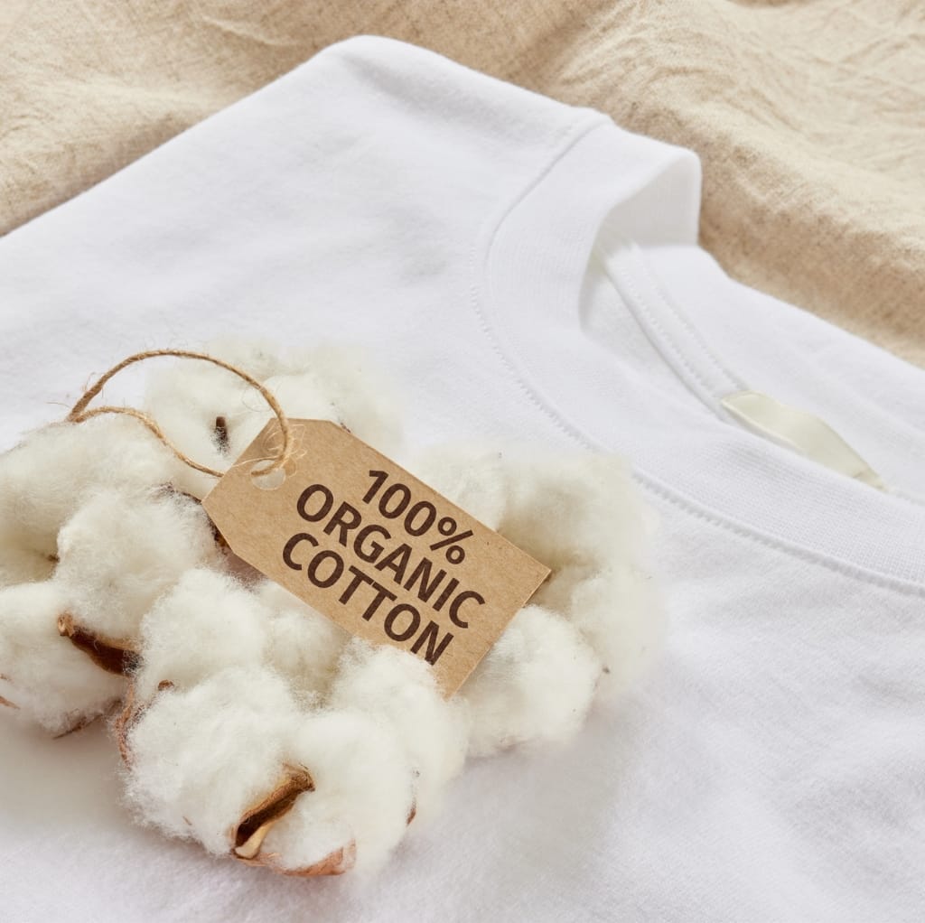 Close-up of a white cotton T-shirt with a tag reading "100% Organic Cotton" placed on it. In the foreground, a small cluster of fluffy cotton bolls.