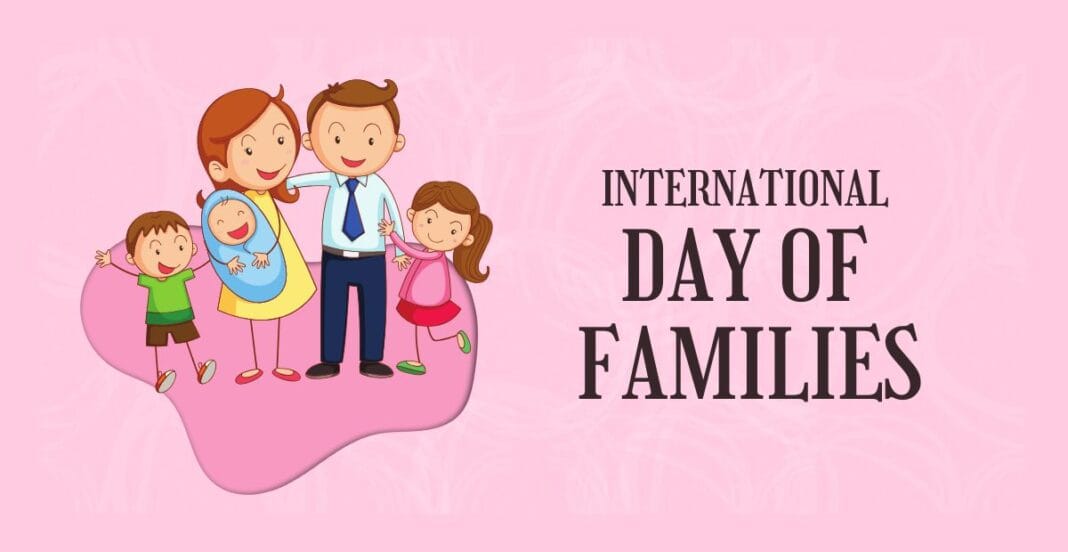 A cheerful cartoon illustration of a happy family with two parents and three children, including a baby, on a pink background, alongside the text 