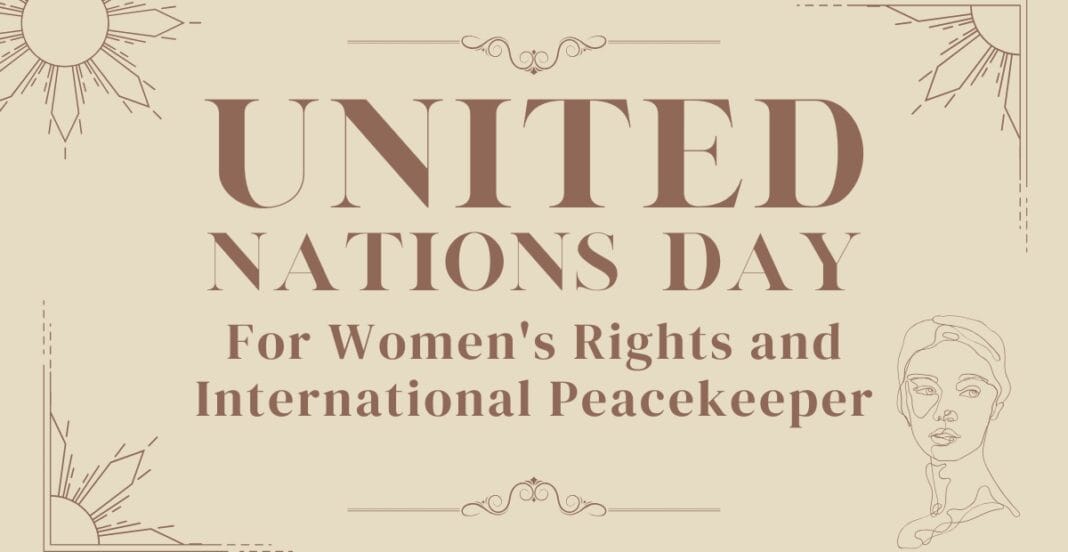 A beige-colored certificate or poster celebrating United Nations Day with a simple border, line art sun illustrations in each corner, and a line drawing of a woman’s face on the right side. The prominent text reads 