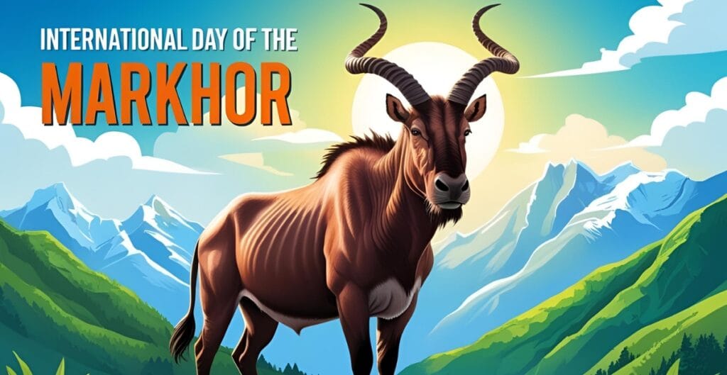 An illustration of a marked antelope (Markhor) with curly horns set against a mountainous landscape with a bright sun and sky.