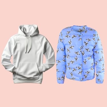 A pastel pink background showcasing a pair of brushed polyester jackets and hoodies, highlighting their soft texture and stylish design.