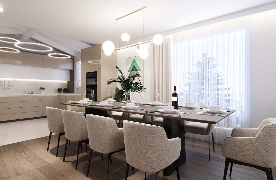 Modern dining area with a long table set for a meal, surrounded by cushioned chairs, with a contemporary kitchen in the background. The space features a minimalist design, with sleek cabinetry, pendant lighting, and large windows with sheer curtains.
