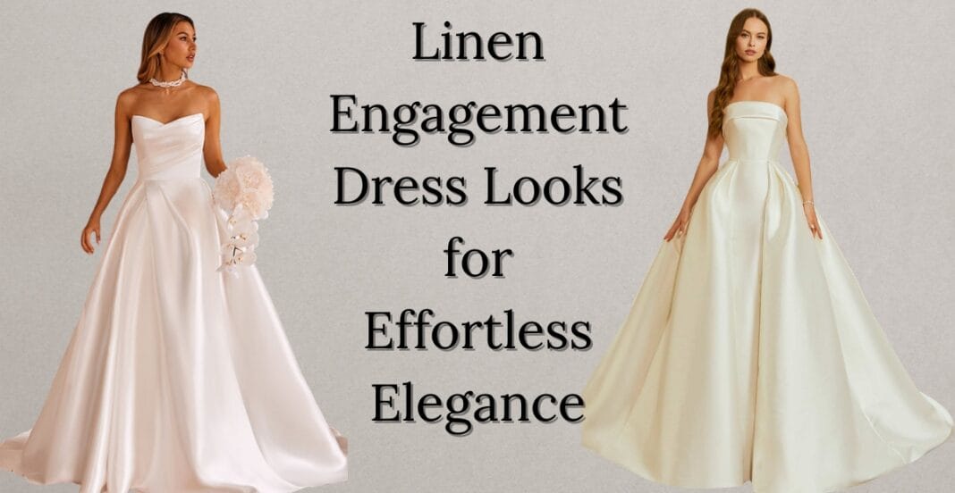 Two women wearing elegant linen wedding dresses standing against a neutral background. The left woman has a strapless, flowing gown with floral accessories, while the right woman wears a strapless, voluminous gown. Text in the center reads: 