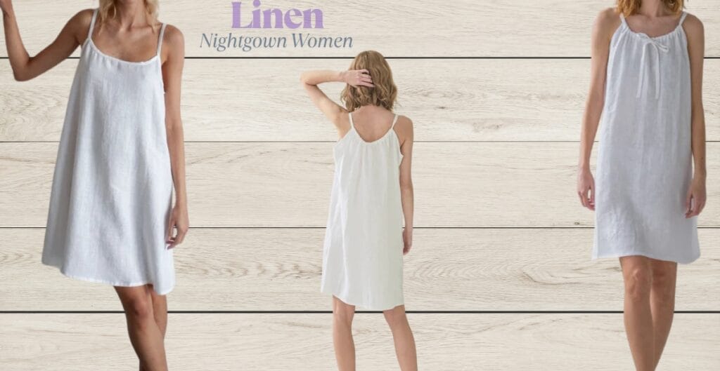 Three women wearing white linen nightgowns are shown against a light wooden background. The woman on the left and right are standing, while a young girl in the middle stands with her back to the camera, touching her head.