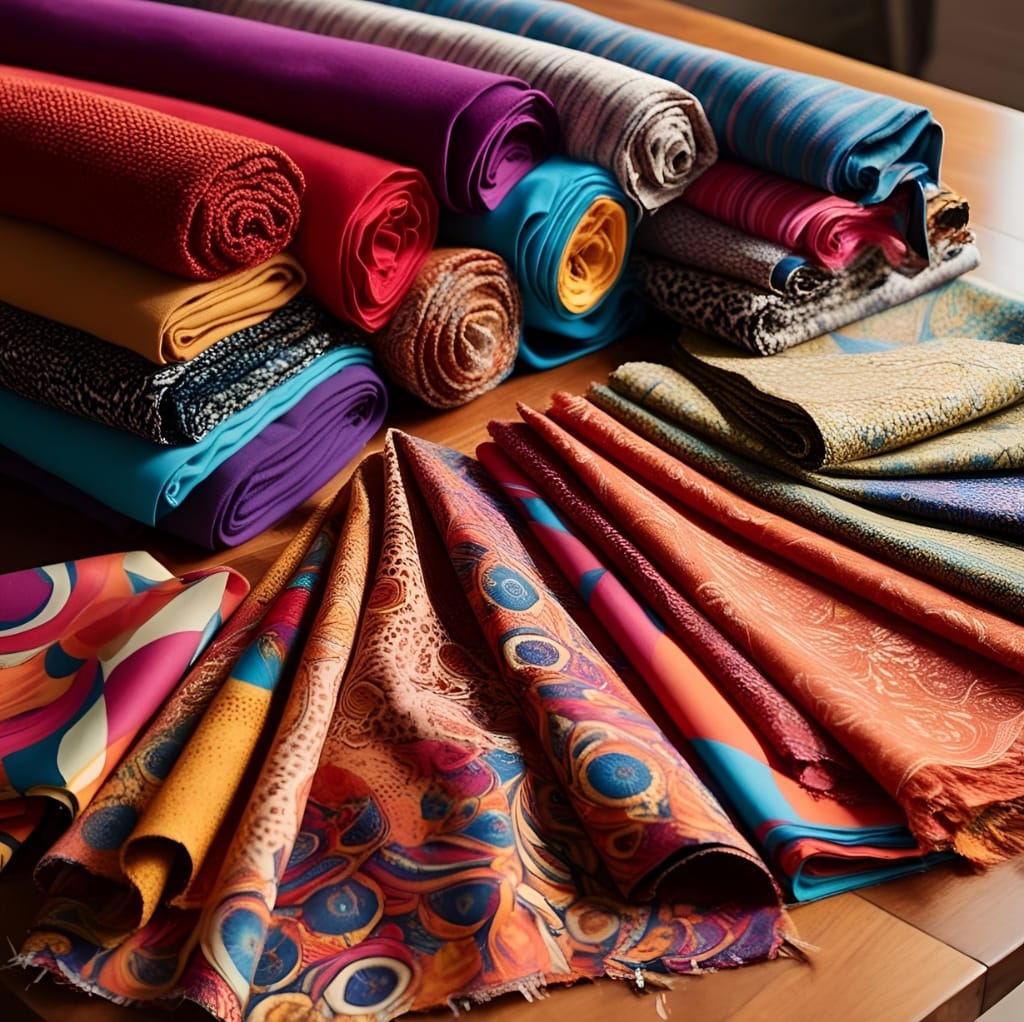 A variety of colorful fabrics and textiles, including rolled and folded pieces, displayed on a wooden table. The fabrics feature different patterns, textures, and vibrant colors.