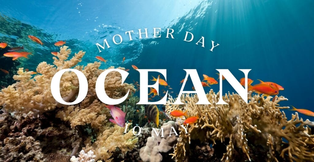 Underwater scene of coral reefs with colorful fish, celebrating Mother Ocean Day on May 10.