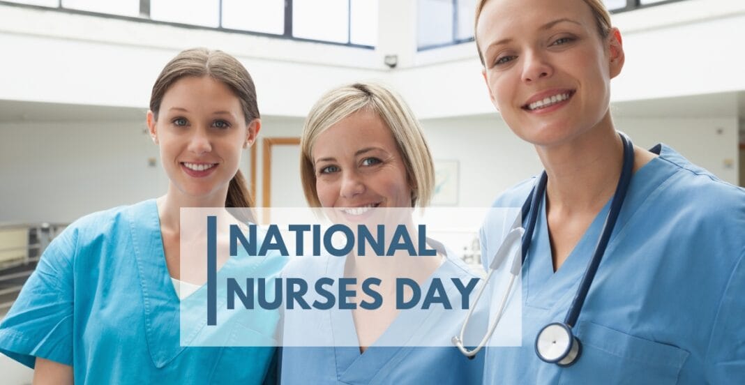 Three smiling nurses in scrubs, standing together in a bright hospital setting, with a text overlay that reads 