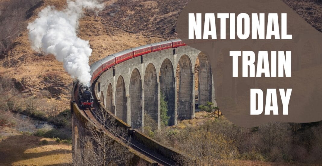 A vintage steam train traveling over a high arched stone viaduct in a dry, hilly landscape, with bold white text that reads 