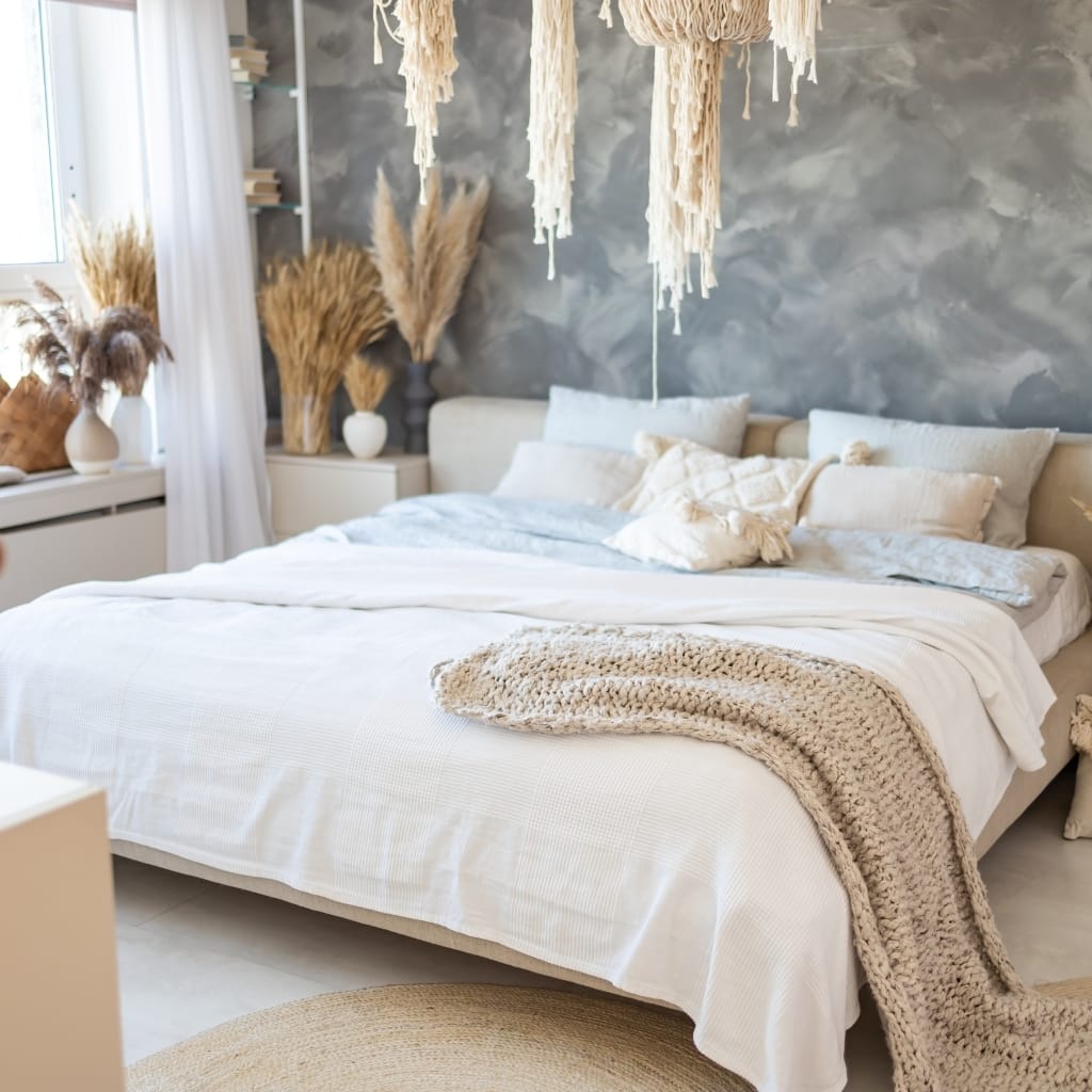 A cozy bedroom with a large bed covered in white bedding, topped with a chunky knit blanket. The background features a textured gray wall, and there are decorative dried pampas grass in vases on a white nightstand, with natural light coming through a window with white curtains.