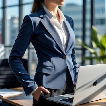 A professional woman in a navy blazer and white shirt working at a desk with a laptop, in a modern office setting.