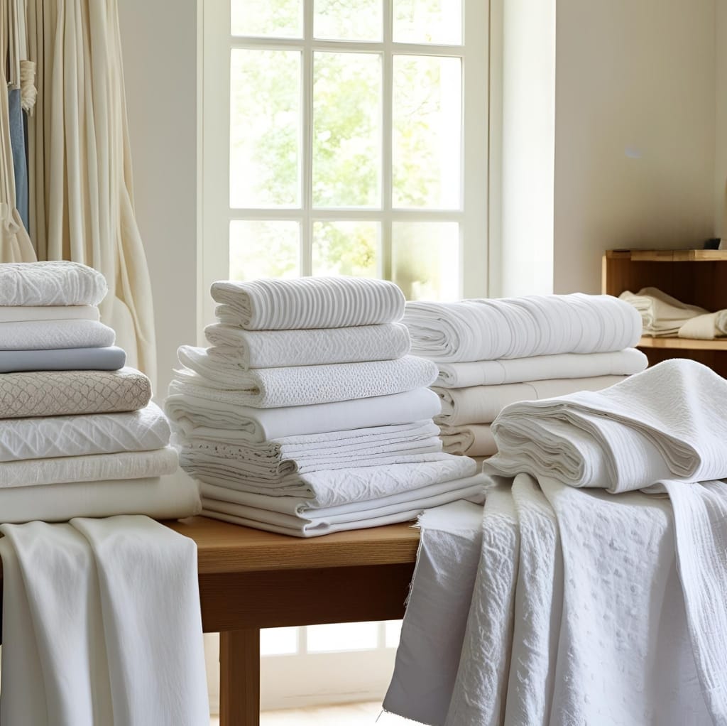 A sunlit room with a wooden table covered in neatly folded white cotton fabrics, including towels, sheets, and linens, with a window in the background.