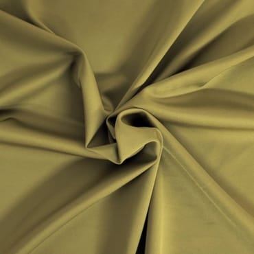 Solid, smooth, olive-green fabric with a slight sheen, draped in soft folds, suitable for summer garments.
