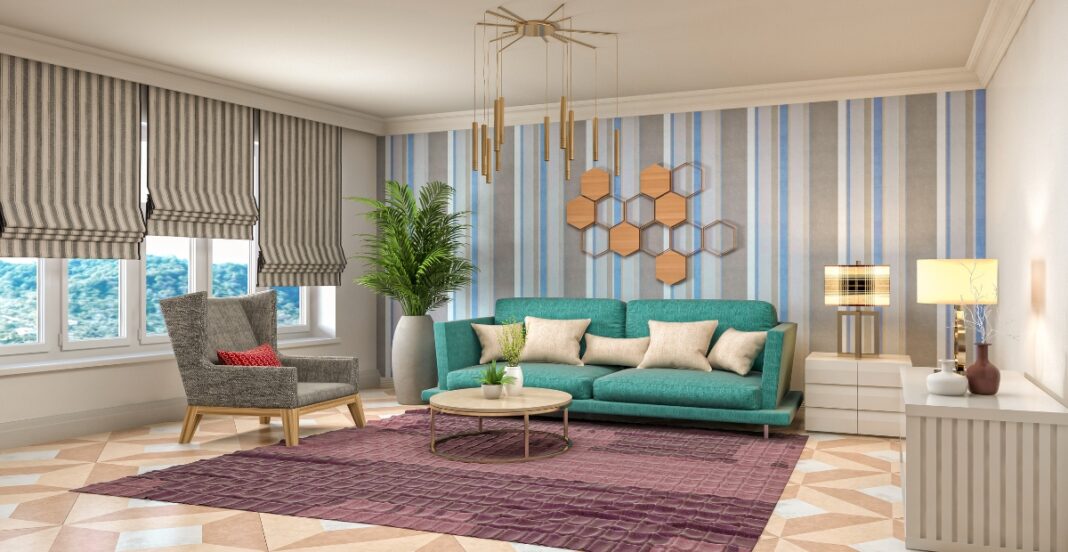 Living room with large windows, striped blinds, a teal sofa with pillows, a gray armchair, a potted plant, a round coffee table, a purple rug, and modern wall decor.