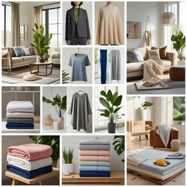 A collage of various home and fashion items including clothing, furniture, and textiles made from polyester jersey fabric, accented with indoor plants and a cozy, modern setting.