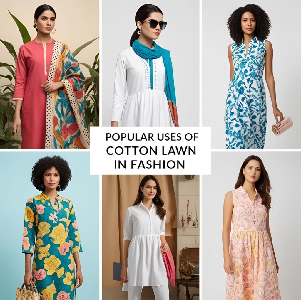 Collage showcasing various women wearing elegant dresses and outfits made from cotton lawn fabric, with a central text that reads "Popular Uses of Cotton Lawn in Fashion."