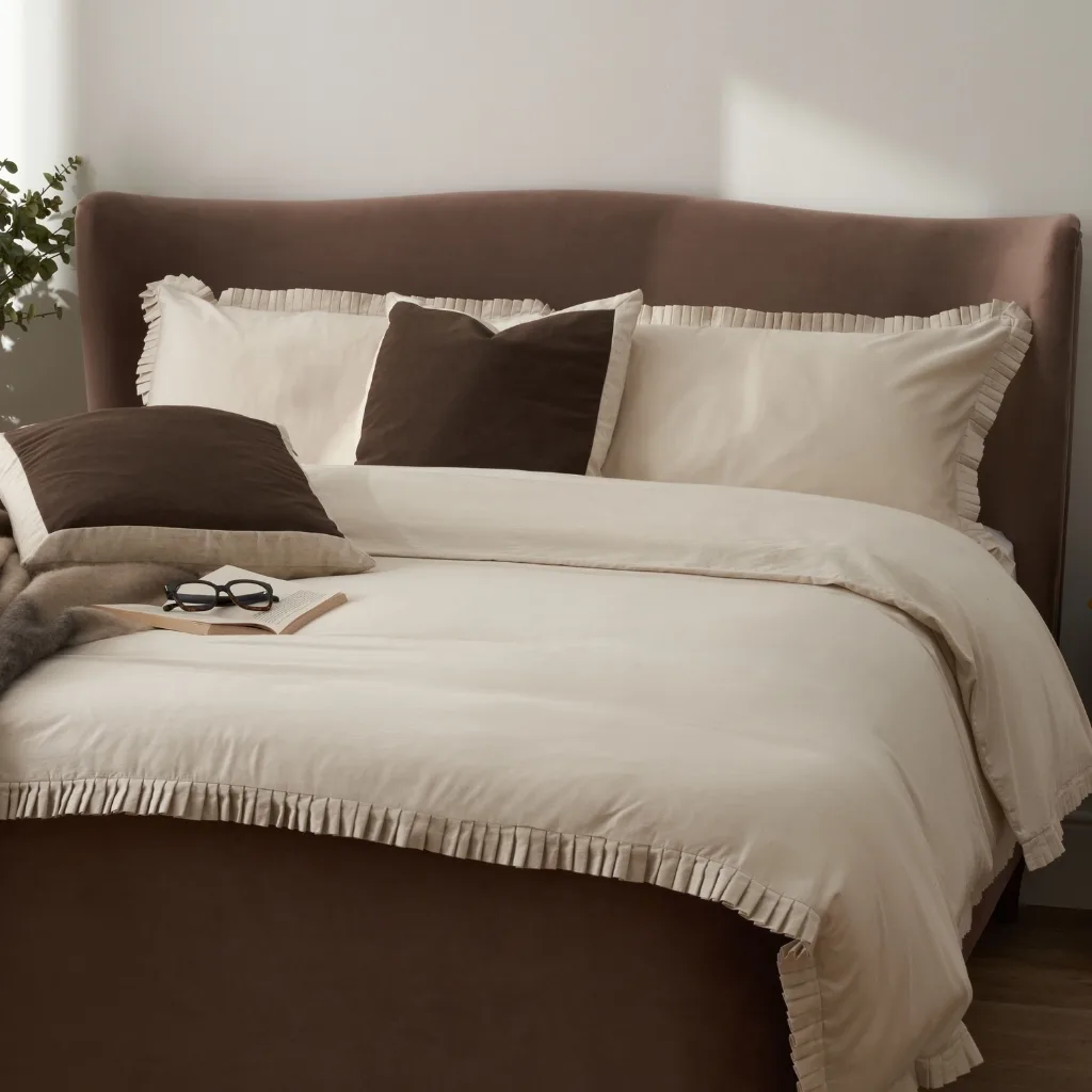 A neatly made bed with cream-colored bedding and ruffled trim. There are several pillows—two larger cream-colored ones, one dark brown pillow, and a smaller beige pillow. A pair of black glasses and an open book rest on the bed, and a soft blanket is partially draped over the edge. In the background, a small part of a green leafy plant is visible on the left side.