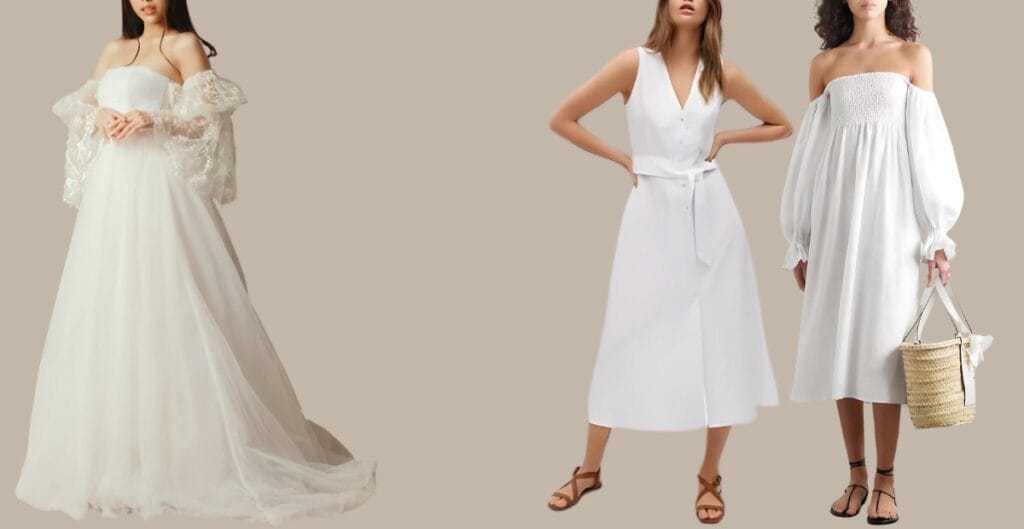 Woman in a simple white linen dress walking through a sunlit street, radiating breezy and timeless summer style.