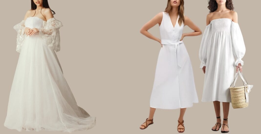 Woman in a simple white linen dress walking through a sunlit street, radiating breezy and timeless summer style.