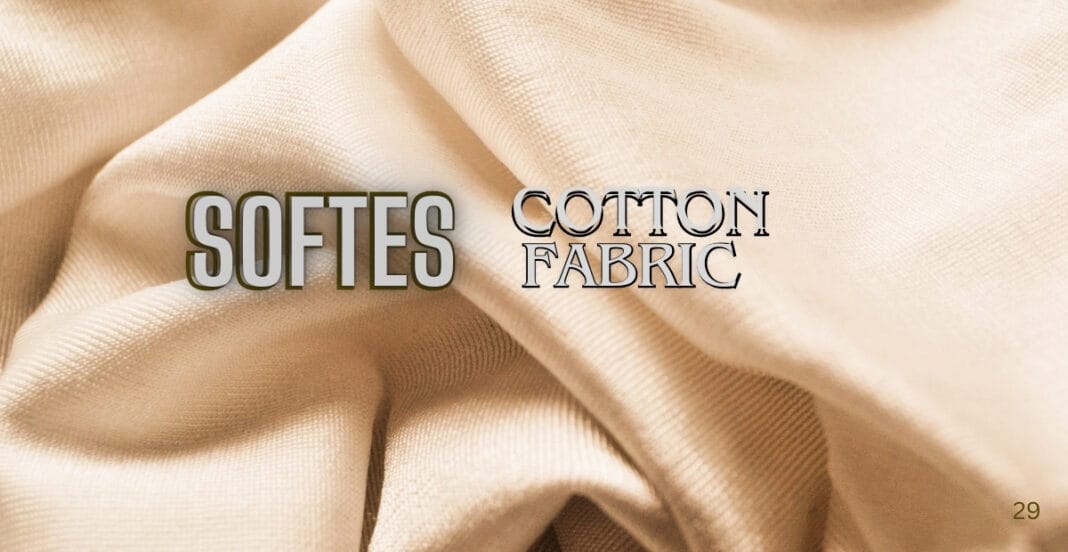Close-up image of soft, beige cotton fabric with text overlay: 