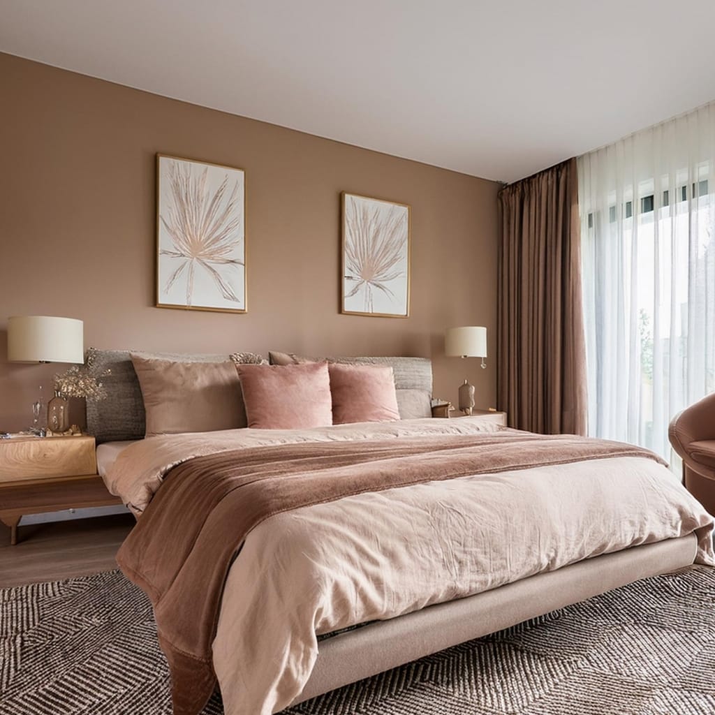 A cozy bedroom with a neatly made bed featuring soft pink and beige bedding, two framed botanical art pieces above the bed, beige walls, side tables with lamps, and a large window with sheer white curtains and brown drapes allowing natural light to brighten the room