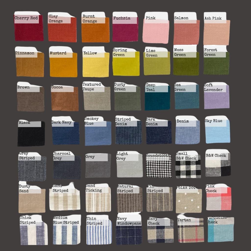 A detailed chart of fabric swatches arranged in rows and columns, each labeled with a different color or pattern such as Cherry Red, Clay Orange, Burnt Orange, Fuchsia, Pink, Salmon, Ash Pink, Cinnamon, Mustard, Yellow, Spring Green, Lime Green, Moss Green, Forest Green, Brown, Cocoa, Textured Taupe, Dusty Green, Deep Teal, Sea Green, Soft Lavender, Black, Dark Navy, Smokey Blue, Striped Denim, Dark Denim, Denim, Sky Blue, Grey Striped, Charcoal Grey, Grey, Light Grey, Houndstooth, Small B&W Check, B&W Check, Dusty Sand, Sand Striped, Sand Ticking, Natural Striped, Pin Stripe, Polka Dot, Pink Check, Thick Striped, Medium Blue Striped, Thin Striped, Navy Windowpane, Navy Check, Tartán, Turquoise Check.