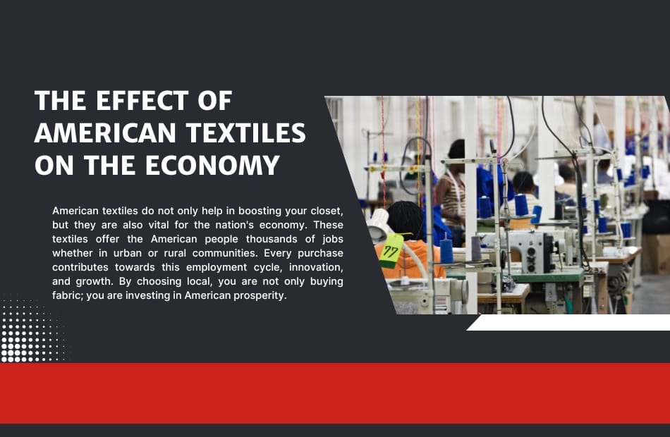 A slide titled "The Effect of American Textiles on the Economy" featuring a photo of a textile manufacturing facility with workers operating sewing machines. American Made Textiles