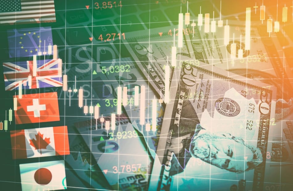 A composite image showing financial charts, US dollar bills, and flags of the United Kingdom, Switzerland, Canada, and Japan. The visual elements symbolize international trade and market fluctuations.