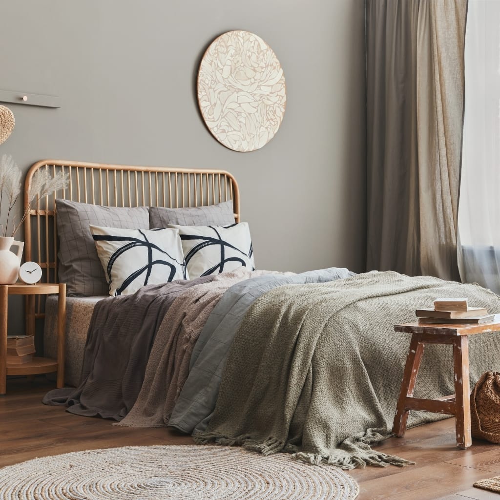 A cozy bedroom with a wooden bed frame and layered bedding in neutral tones. The bed has patterned pillows and is next to a small wooden side table with decorative items. Light-colored curtains hang by a window, allowing natural light to fill the room. A circular wall art piece adorns the light gray wall above the bed, and a woven rug covers part of the wooden floor.