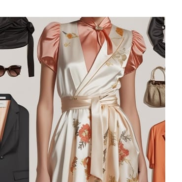 Fashionable woman wearing a silk blend dress with puffy sleeves, surrounded by accessories including sunglasses, a handbag, and clothing items.