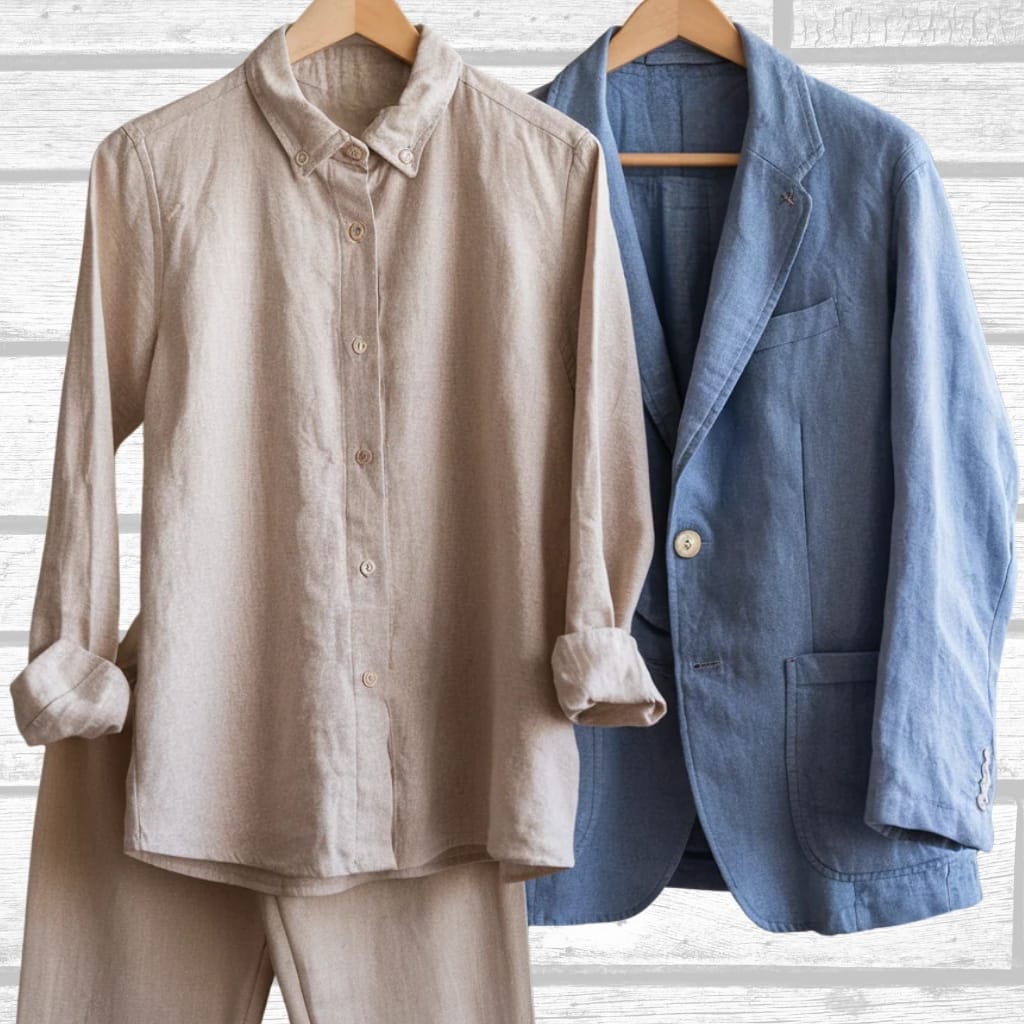 Two men's blazers hanging on wooden hangers against a white wooden background. The blazer on the left is beige, and the blazer on the right is blue.