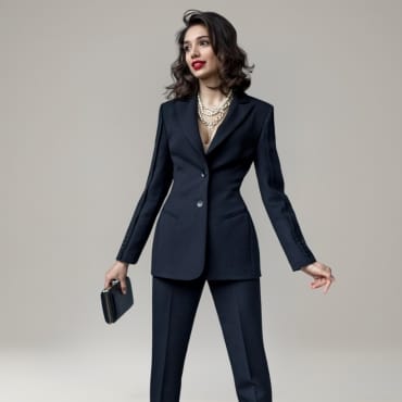 A fashionable woman standing confidently in a navy blazer made of polyester and tailored navy pants, holding a small clutch.