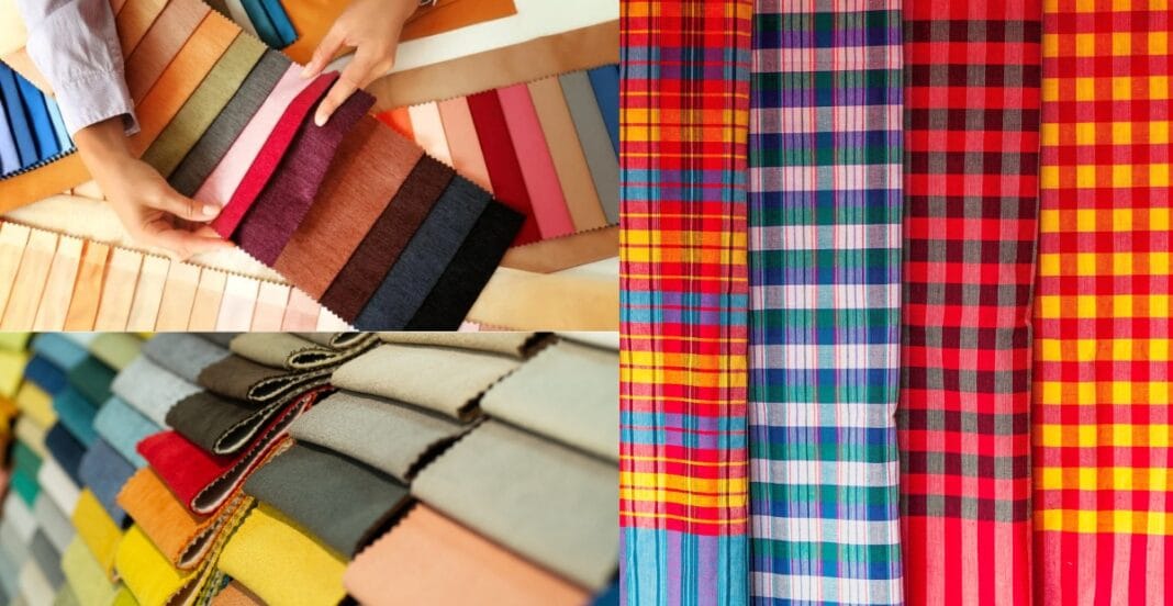 Colorful fabric swatches and patterned textiles displayed in various textures and styles.