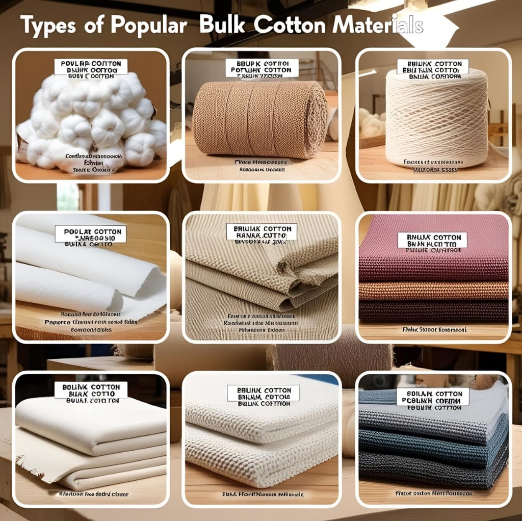 A collage titled "Types of Popular Bulk Cotton Materials" showing nine different types of cotton fabrics and fibers, each labeled with their names and some additional details. The images display different textures, colors, and forms of cotton materials, including raw fibers, yarns, and finished fabrics.