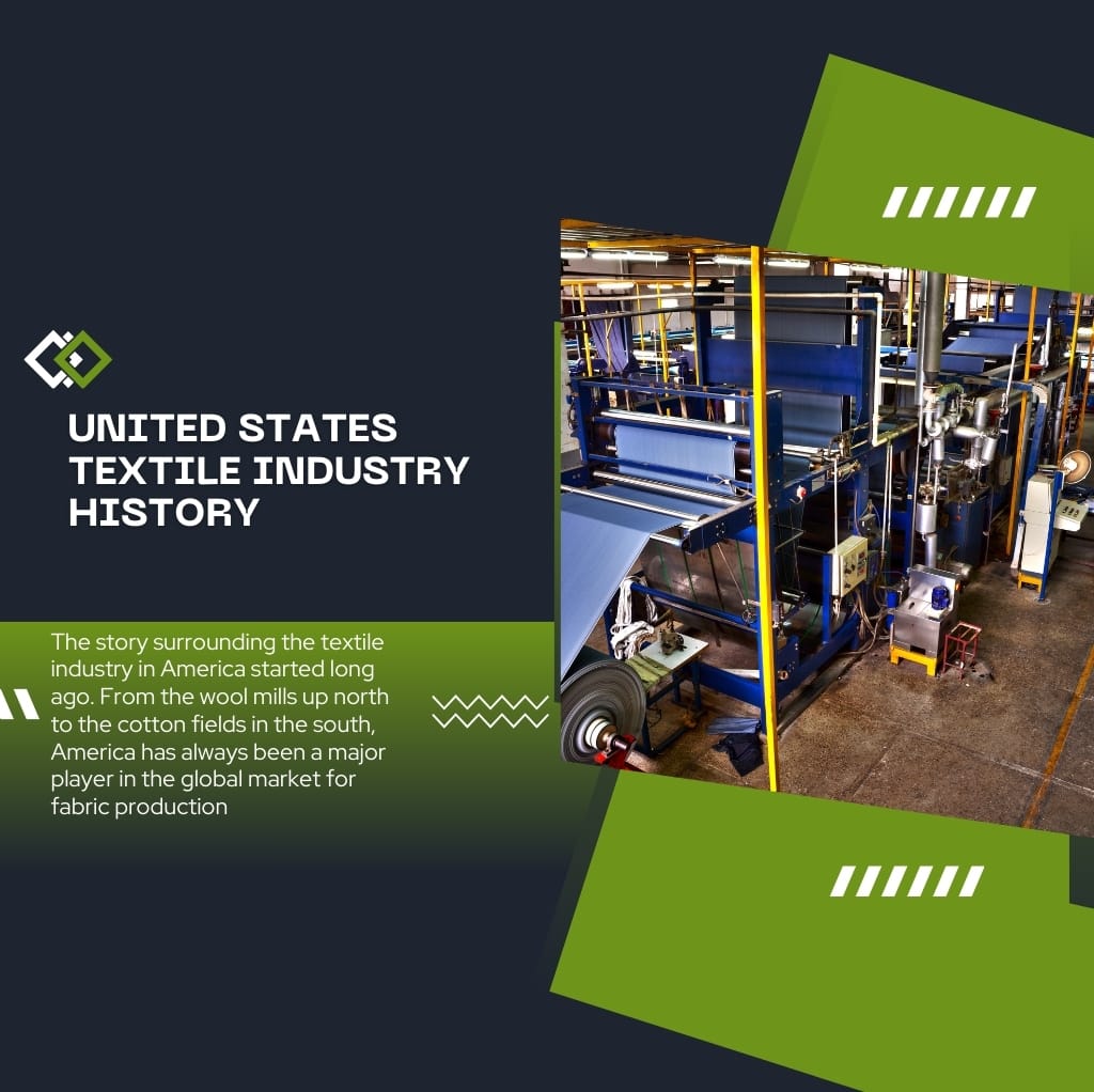 Open textile manufacturing plant with machinery and production reels, overlaid with green and dark background graphics and text.