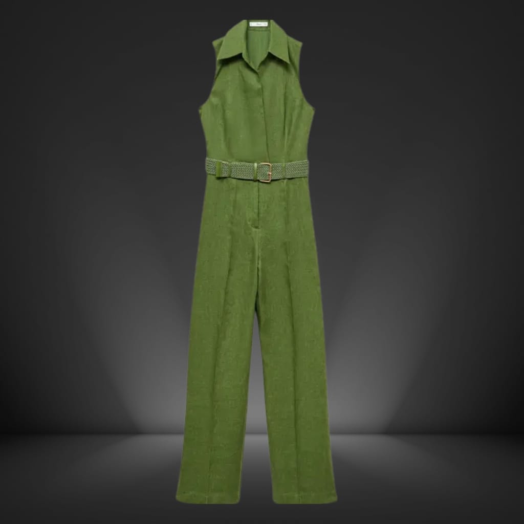 A sleeveless green jumpsuit with a collar and a matching belt, displayed against a dark background.