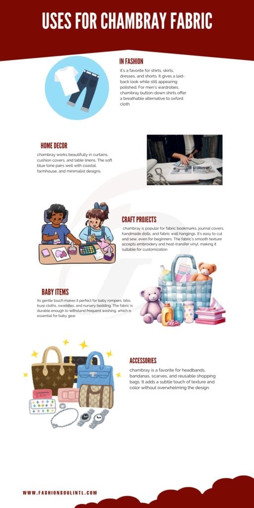 An infographic titled "Uses for Chambray Fabric" with images and descriptions highlighting its applications in fashion, home decor, craft projects, baby items, and accessories.